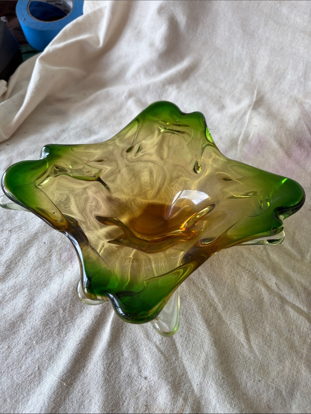 Green and Amber Art Glass Centerpiece Bowl